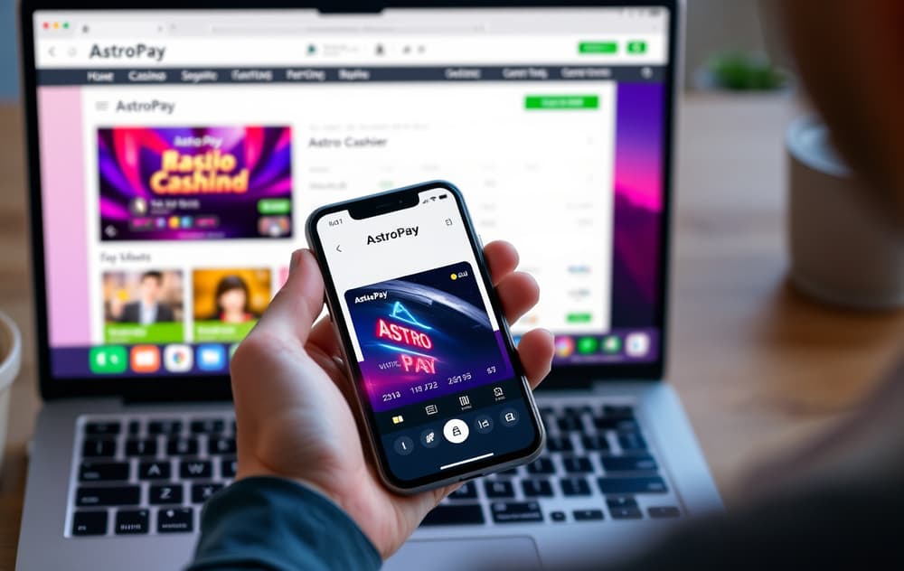 Person som bruker AstroPay-appen på mobiltelefon for å sette inn penger på et nettcasino.