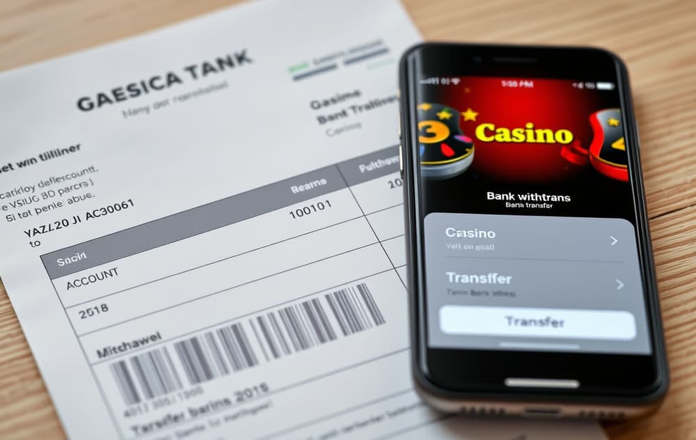 Norsk kontoutskrift med casino-uttak og mobilskjerm som viser bankoverføring i kassen