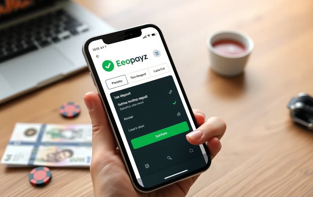 Smarttelefon med Ecopayz-app og casinoinnskudd i bakgrunnen, med norske sedler og sjetonger på bordet