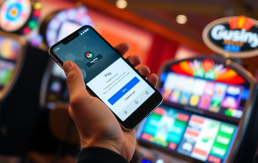 Person som betaler med Google Pay på telefon i et casino-miljø