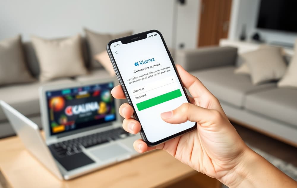 Person med mobiltelefon som viser Klarna betalingsmulighet på et nettcasino.