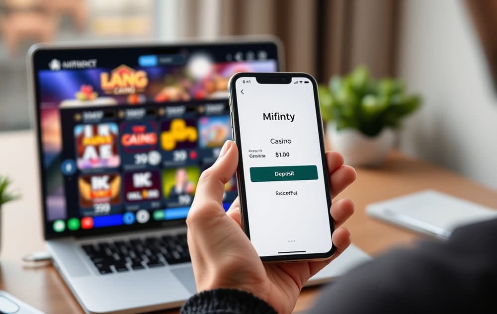Person som bruker Mifinity-appen på mobil for å sette inn penger på et nettcasino.
