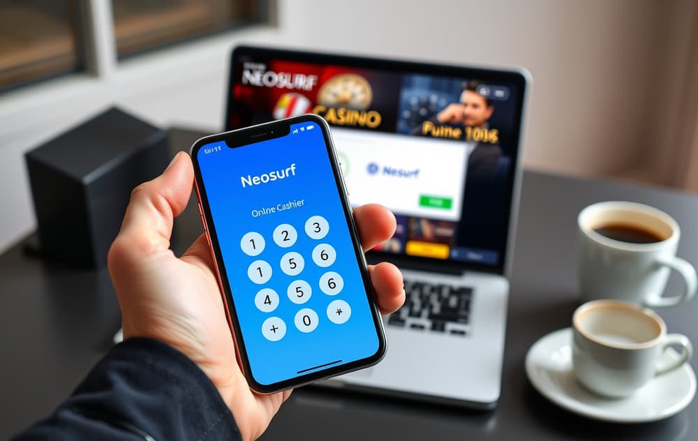 Person som holder en mobiltelefon med Neosurf-appen åpen, og en laptop med casinoets kasse i bakgrunnen.