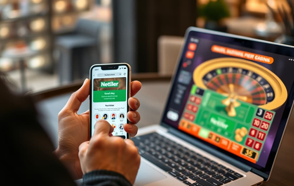 Neteller mobilapp og casino på laptop.