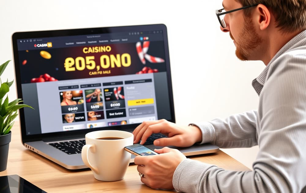Person som ser på en innskuddsbonus på en laptop, med kaffe og mobiltelefon.