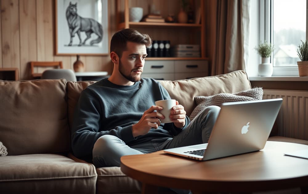 En person som vurderer spillsider på en bærbar PC i en norsk stue
