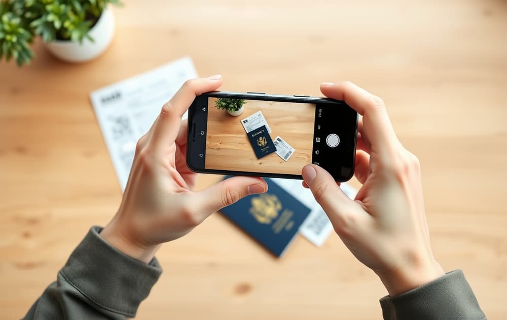En person tar bilde av pass og strømregning med mobiltelefon for casino-verifisering.
