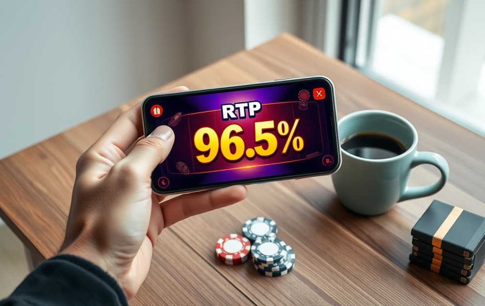 Person som holder en mobiltelefon med et spilleautomatspill og RTP 96,5 % synlig på skjermen, med kasinochips og kaffekopp på bordet