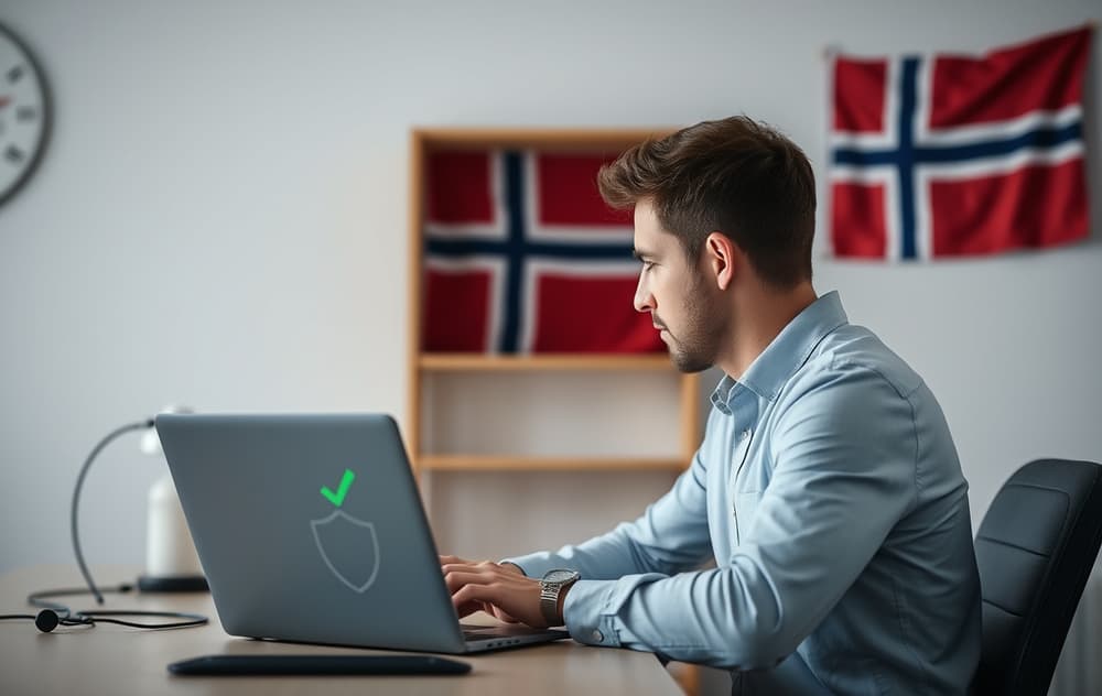 En person som sitter ved et skrivebord og ser på en bærbar PC med et grønt hakeikon og et skjoldsymbol, som representerer spillernes rettigheter og trygg spilling.