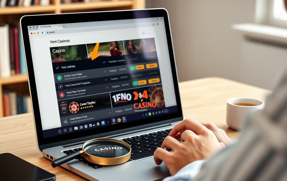 En person som sammenligner casinoer på en bærbar PC med et forstørrelsesglass ved siden av
