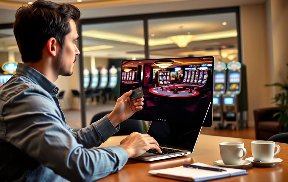 Person som sitter ved et skrivebord og vurderer et nettcasino på laptop, med kredittkort og notatblokk.