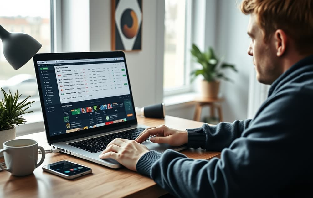 Norsk spiller sammenligner bettingsider på laptop med odds og betalingsapper.