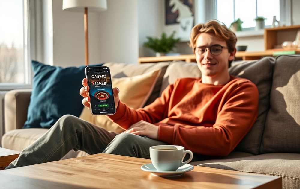Person som spiller på casino med lavt innskudd på mobilen i en norsk stue