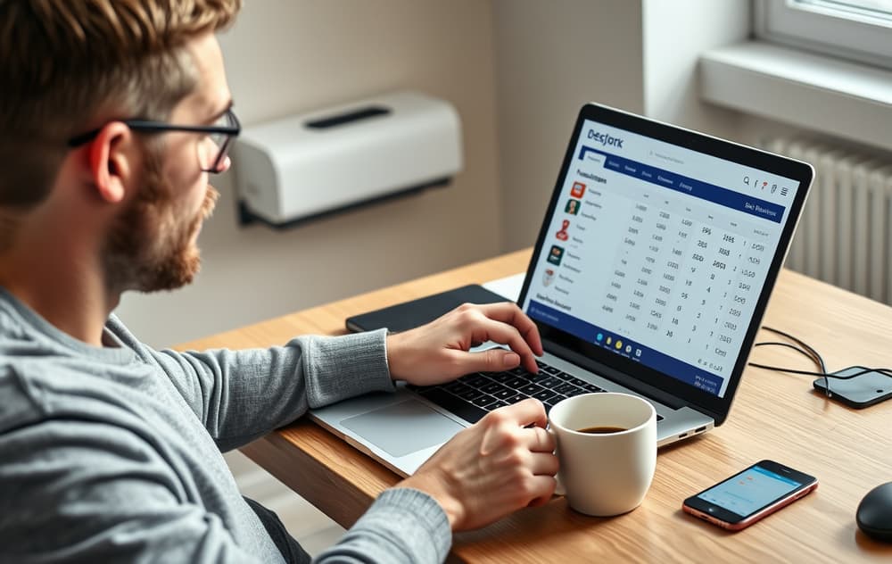 Norsk fotballfan sammenligner odds på laptop med kaffekopp og mobiltelefon
