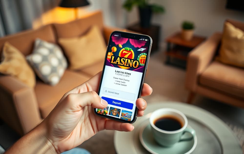 Person som holder en mobiltelefon med et casino-lobby på skjermen, i en stue