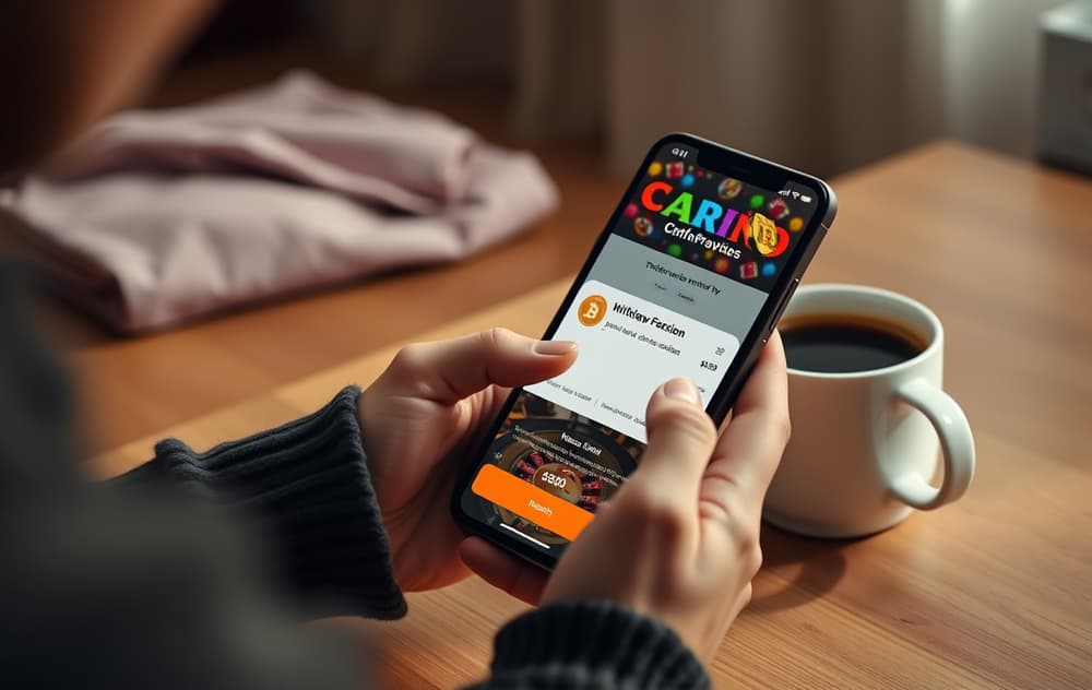 En person som holder en mobiltelefon med en uttaksbekreftelse fra et casino, med Bitcoin-logo, ved siden av en kopp kaffe.