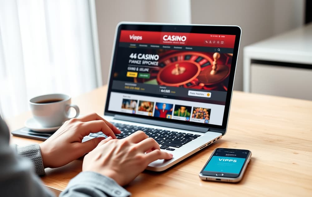 Person som sjekker lisens på et nettcasino på laptop, med telefon og kaffekopp på bordet.