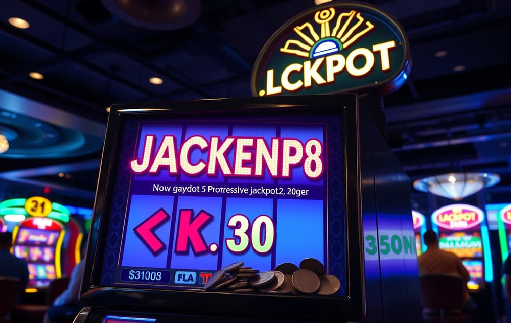 Spilleautomat med progressiv jackpot i norske kroner, med glødende JACKPOT-skilt og mynter som fosser ut.