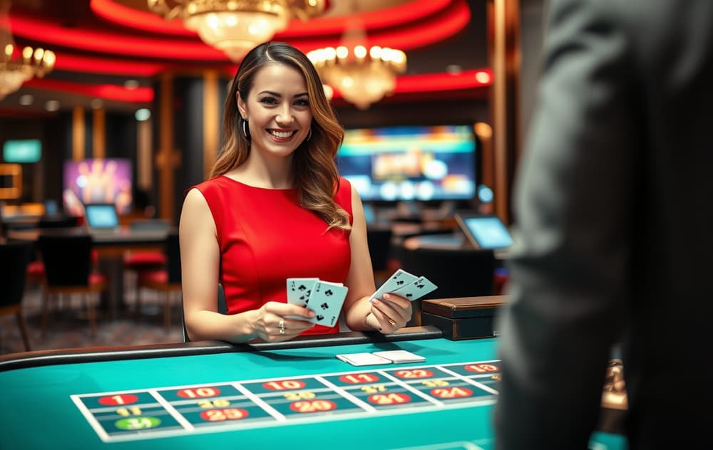Live casino dealer i studio med rulettbord og kortstokk, grønt filt og skjermer