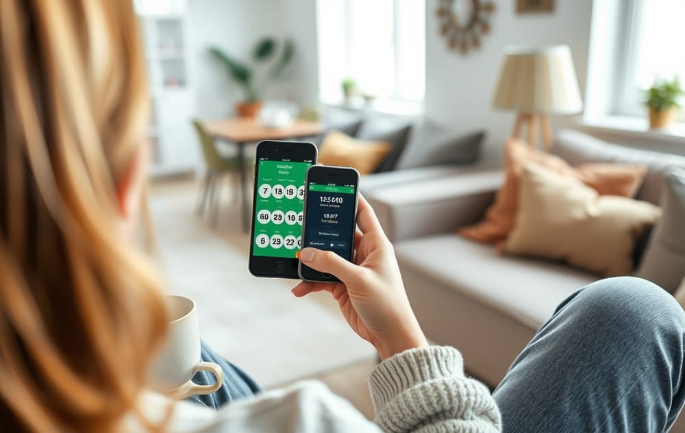 Person som spiller lotto på mobil via Norsk Tipping-appen i en stue