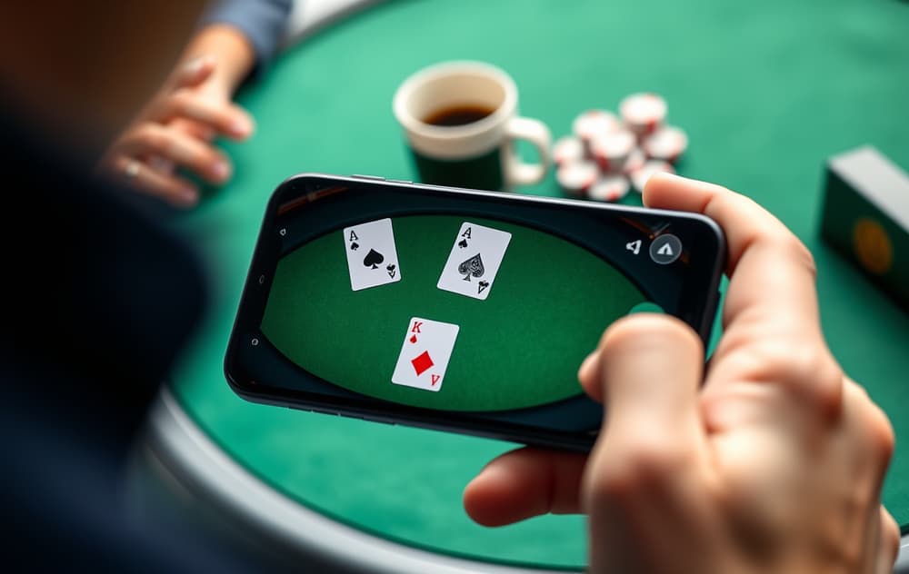 Mobiltelefon som viser en Texas Hold'em pokerhånd med et par ess, med kaffe og sjetonger på bordet.